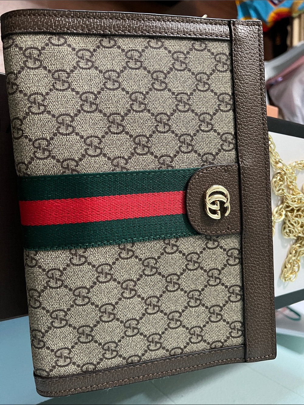 Gucci Brown GG Canvas Crossbody with Green-Red Web Stripe and Gold Hardware